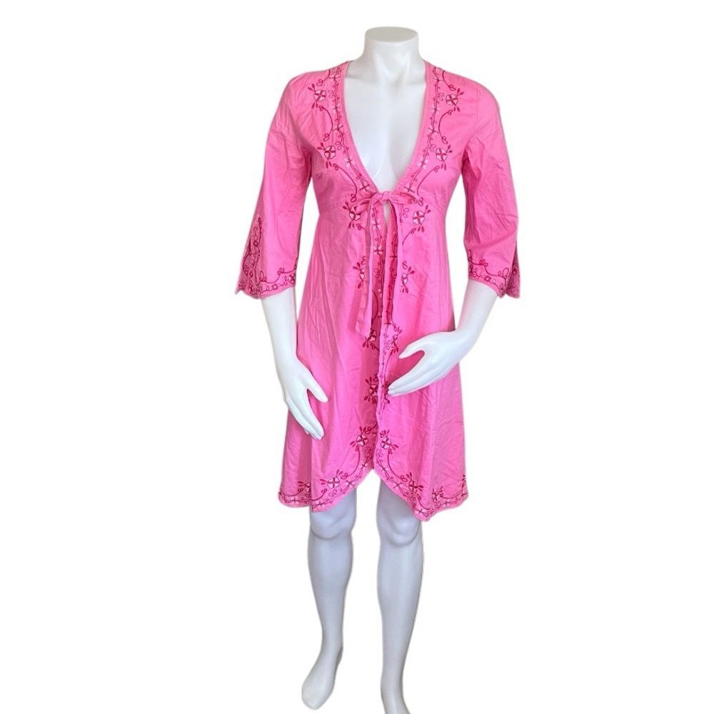 LILLY PULITZER Pink Cover Up Robe Embroidered Open Tie Front 100%?Cotton Size XS